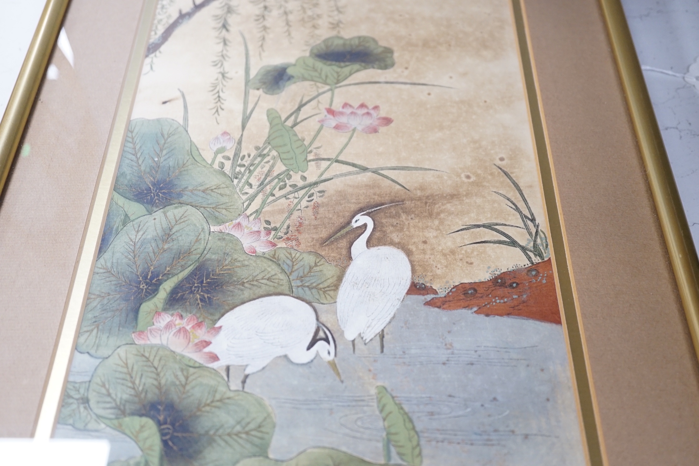 Two Japanese watercolours, a Kotozuka Eiichi woodblock print, a Japanese brocade panel and a book cover